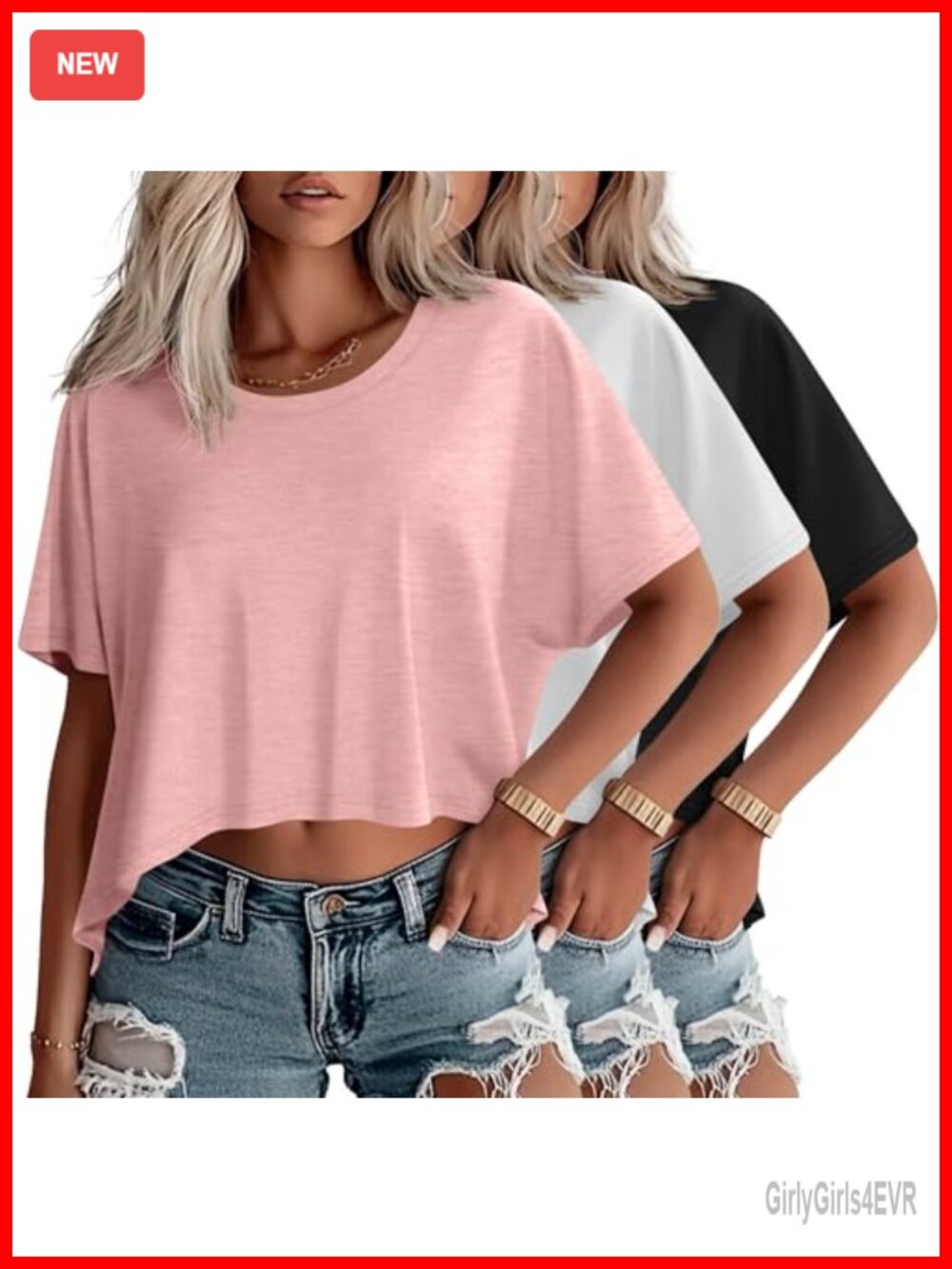 Oversized Cropped T Shirts 3 Pack Women Loose Fit Crew Neck Crop Tops